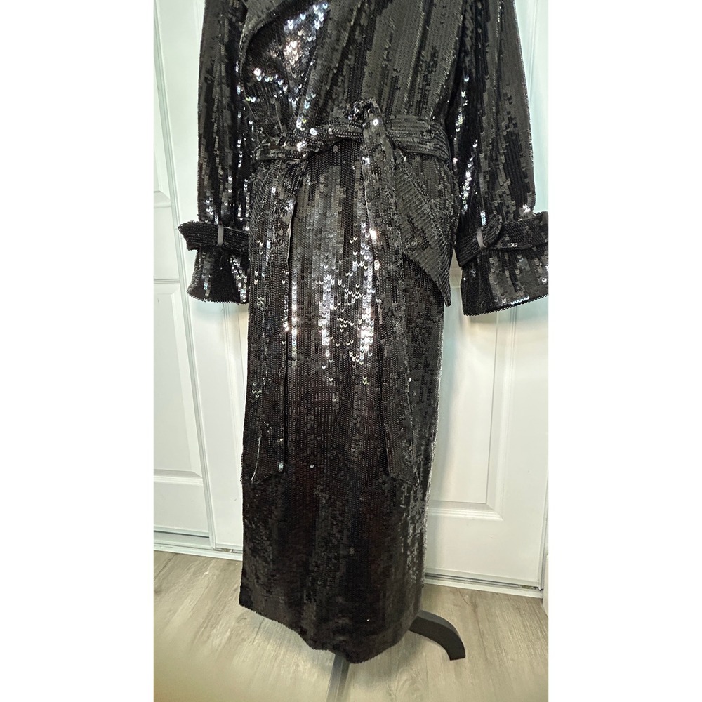 Alice+Olivia Sequin Trench Coat Maxi Long Black Belted Evening Jacket XL NWT - Picture 3 of 11
